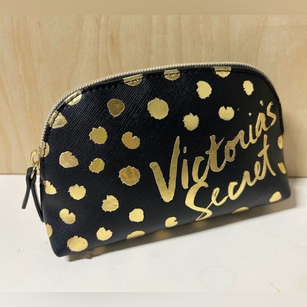 Victoria's Secret Signature Cosmetic Makeup Bag Gold Polka Dots NWOT